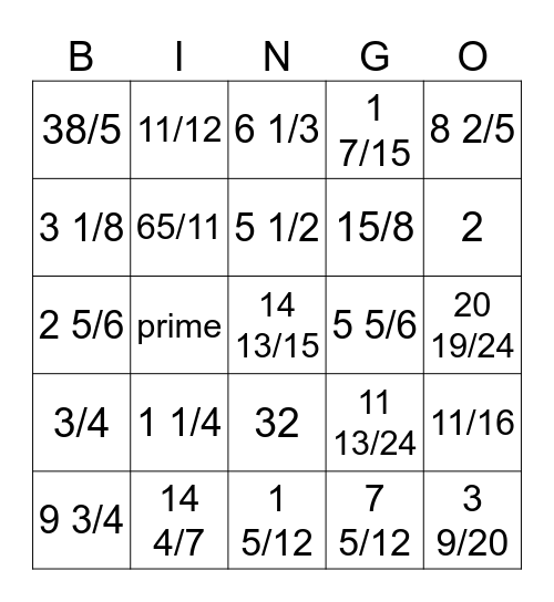 Mixed Numbers Review Bingo Card