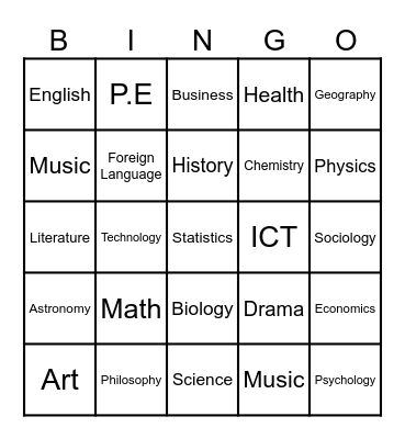 School subjects Bingo Card