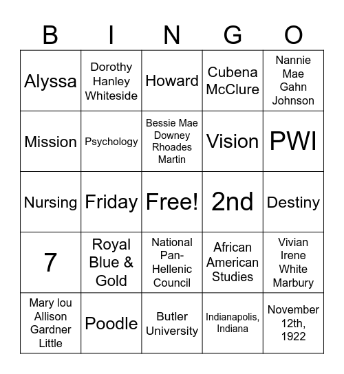 5 in a Rho Bingo Card