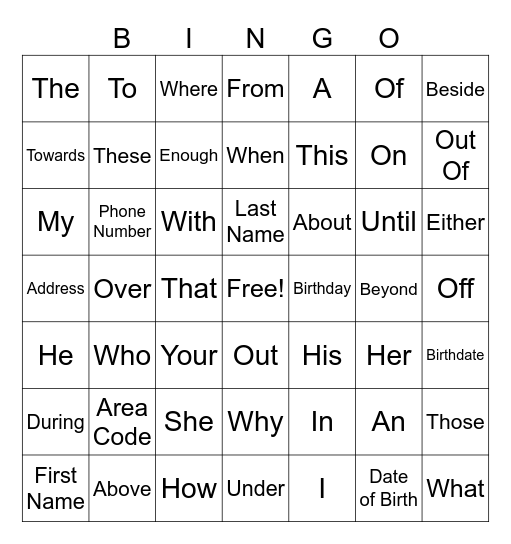 Basic Level Bingo Card