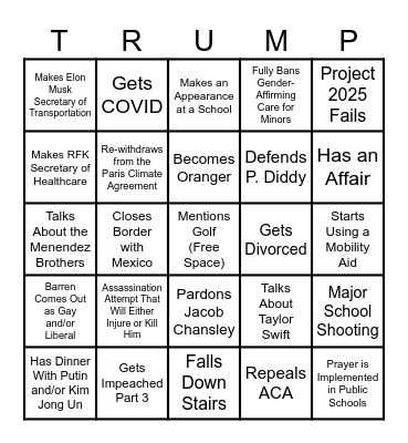 Donald Trump's Presidency 2024-2028 Bingo Card