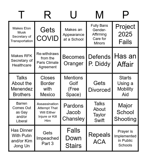 Donald Trump's Presidency 2024-2028 Bingo Card