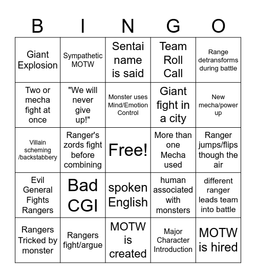 Super Sentai Bingo Card