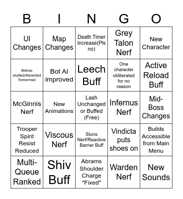 Deadlock Patch 11/7 Bingo Card