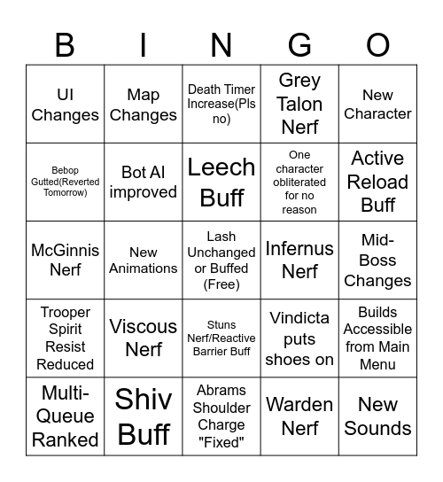 Deadlock Patch 11/7 Bingo Card