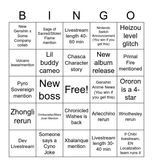 Genshin v5.2 livestream Bingo Card