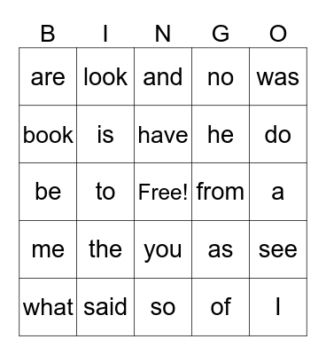 Heart Word BINGO Card