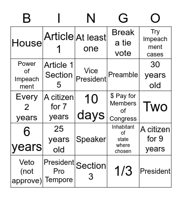 Legislative Branch Bingo Card