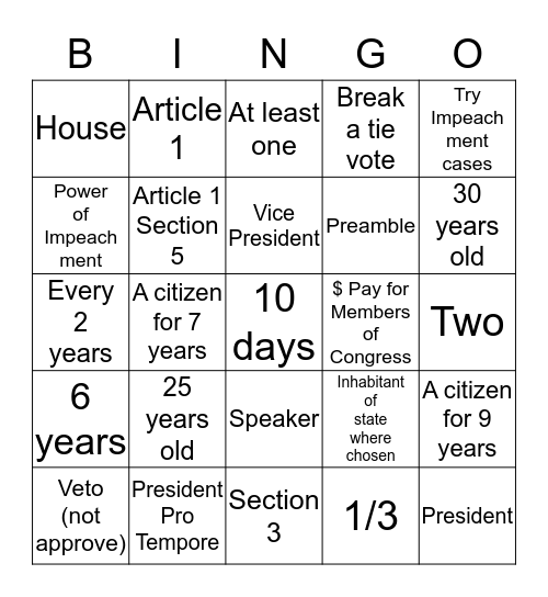 Legislative Branch Bingo Card