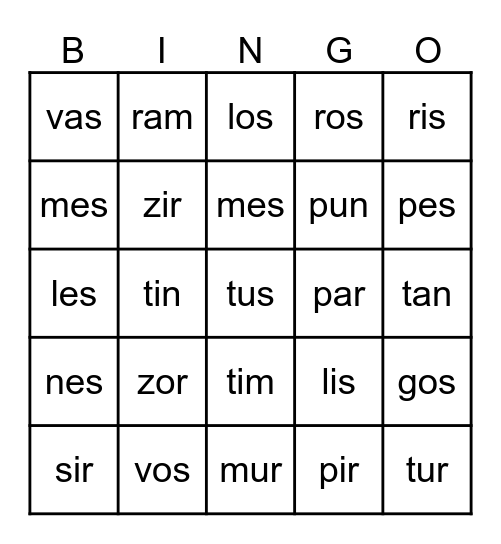 bingo de sílabas cerradas Bingo Card