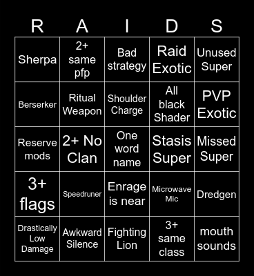 LFG Bingo Card