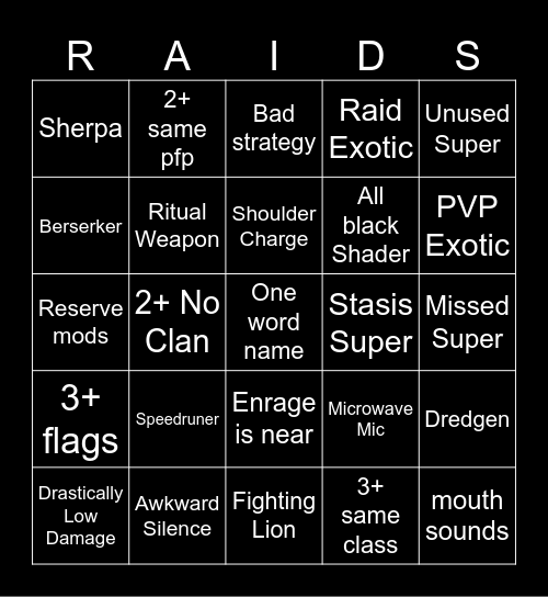 LFG Bingo Card