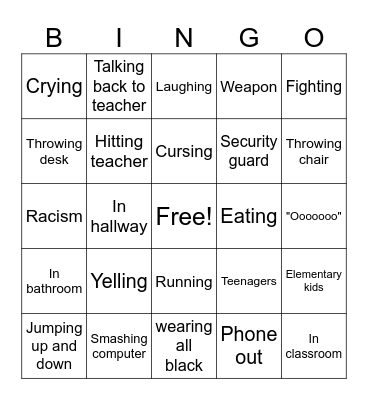 School Crash outs Bingo Card