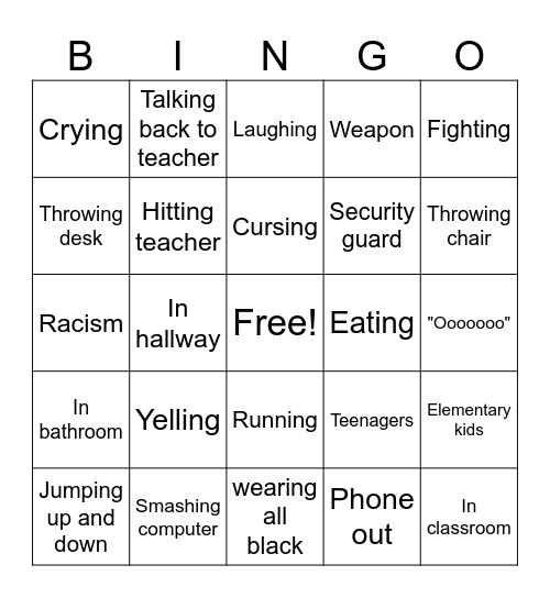 School Crash outs Bingo Card