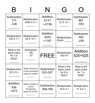 Math Review Bingo Card