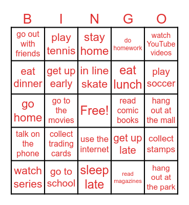 Verbs Bingo Card