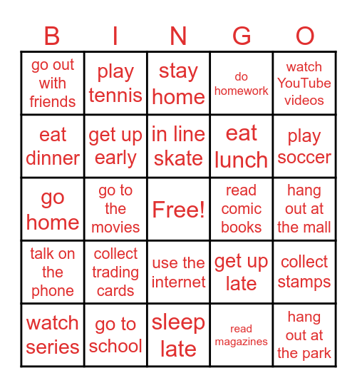 Verbs Bingo Card