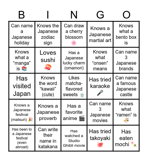 MacEwan Japanese Bingo Card