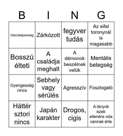 Karakter készítés Bingo Card