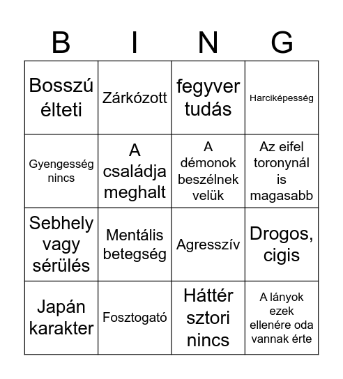 Karakter készítés Bingo Card