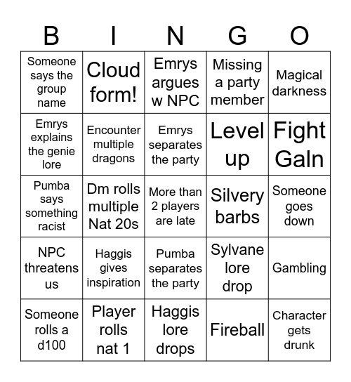 DND BINGO Card