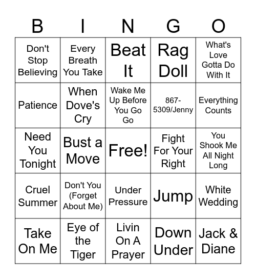 Music Bingo 80's Bingo Card