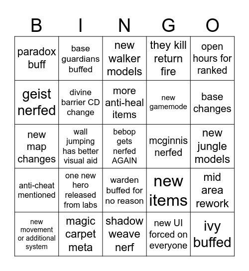 Deadlock Patch Bingo Card