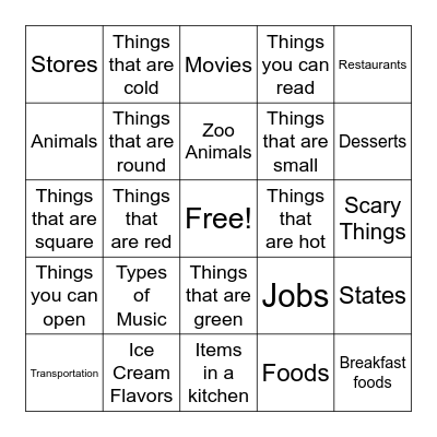 Categories Bingo Card