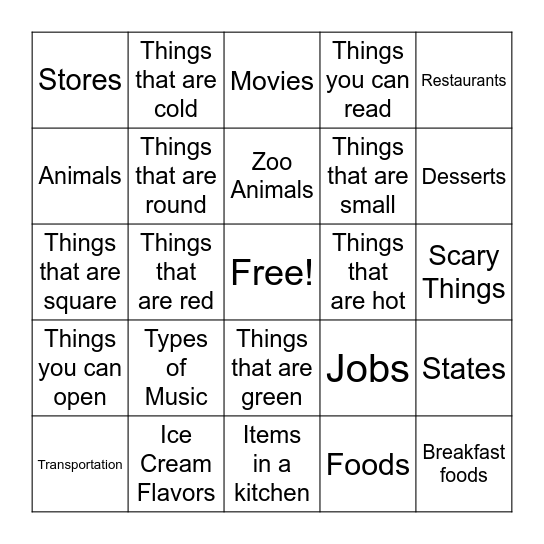 Categories Bingo Card