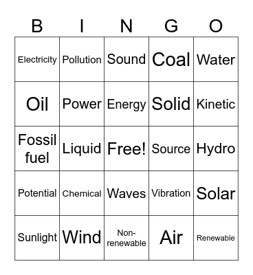 Energy Bingo Card