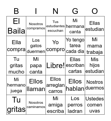 Pronombres y Verbos Bingo Card