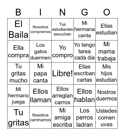 Pronombres y Verbos Bingo Card