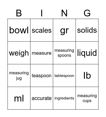 weighing and measuring bingo Card