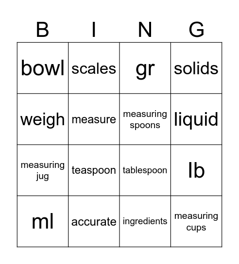 weighing and measuring bingo Card