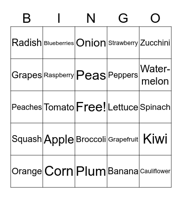 Fruits and Veggies Bingo Card