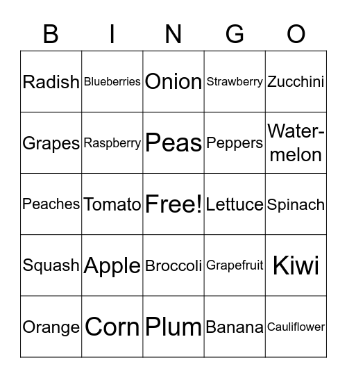 Fruits and Veggies Bingo Card