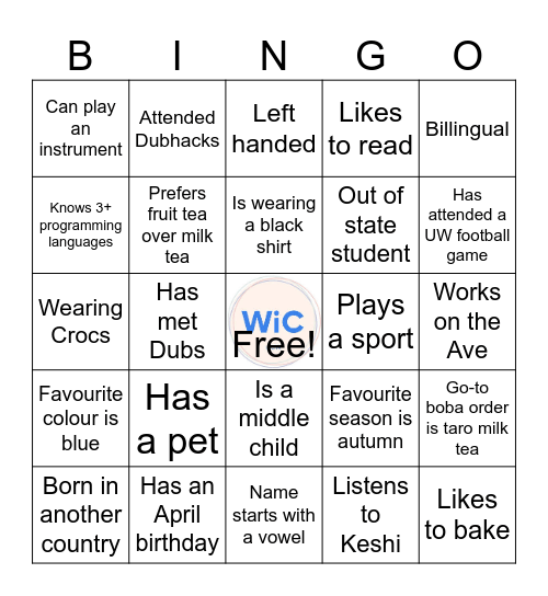 WiC Speed Friending! Bingo Card