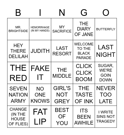 2000's ROCK HITS Bingo Card