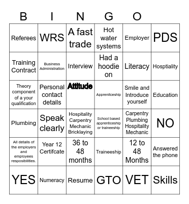 Apprenticeship and Traineeship Bingo Card