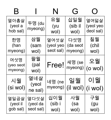 age number month Bingo Card