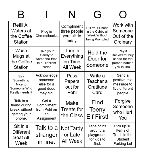 Pohl's Holiday Happiness Bingo Card