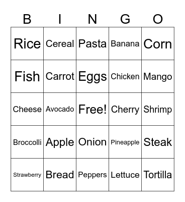 Food Guide Bingo Card