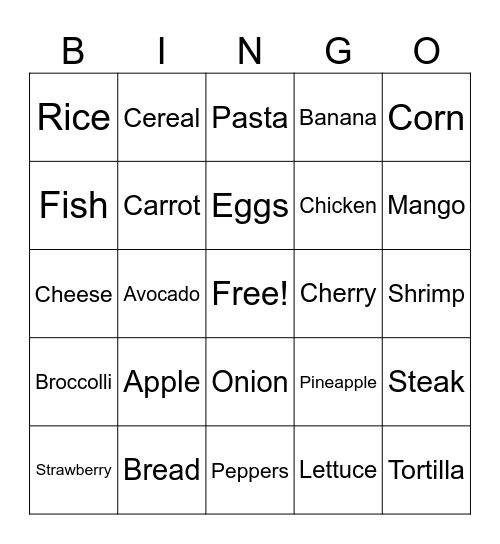 Food Guide Bingo Card