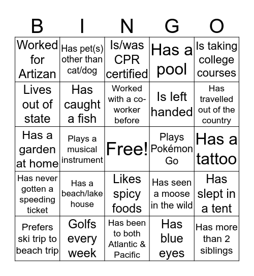 Getting to Know You Bingo Card