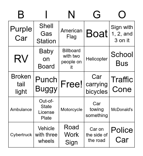 Car Bingo Card