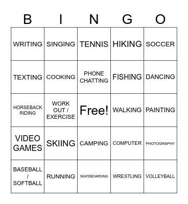 Activities Unit 2 Bingo Card