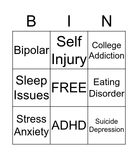 mental Health Bingo Card