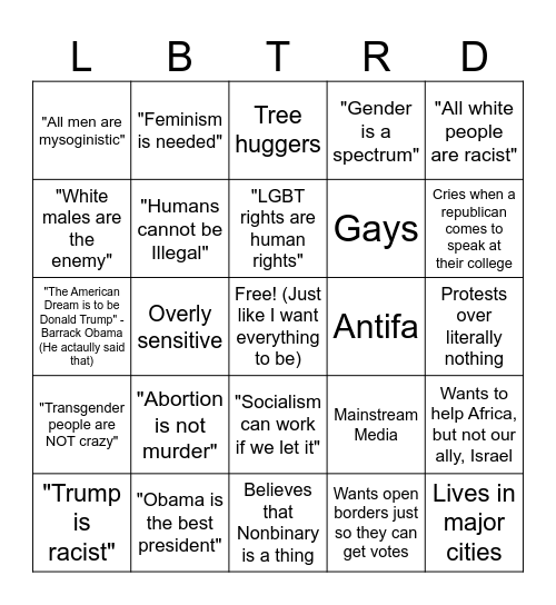 Uneducated Liberal Bingo Card