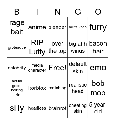 Roblox bingo Card