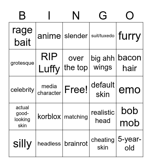 Roblox bingo Card